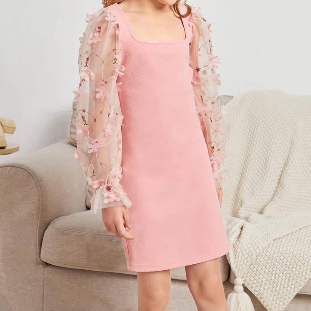 WDIRARA Girl's Sheer Mesh Flounce Long Sleeve Appliques Square Neck Dress 10y